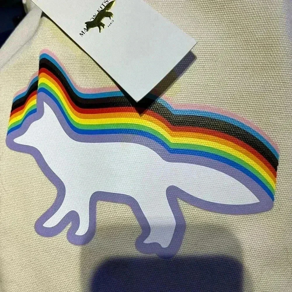 NWT Maison Kitsune Canvas Tote Bag Rainbow Fox Cream